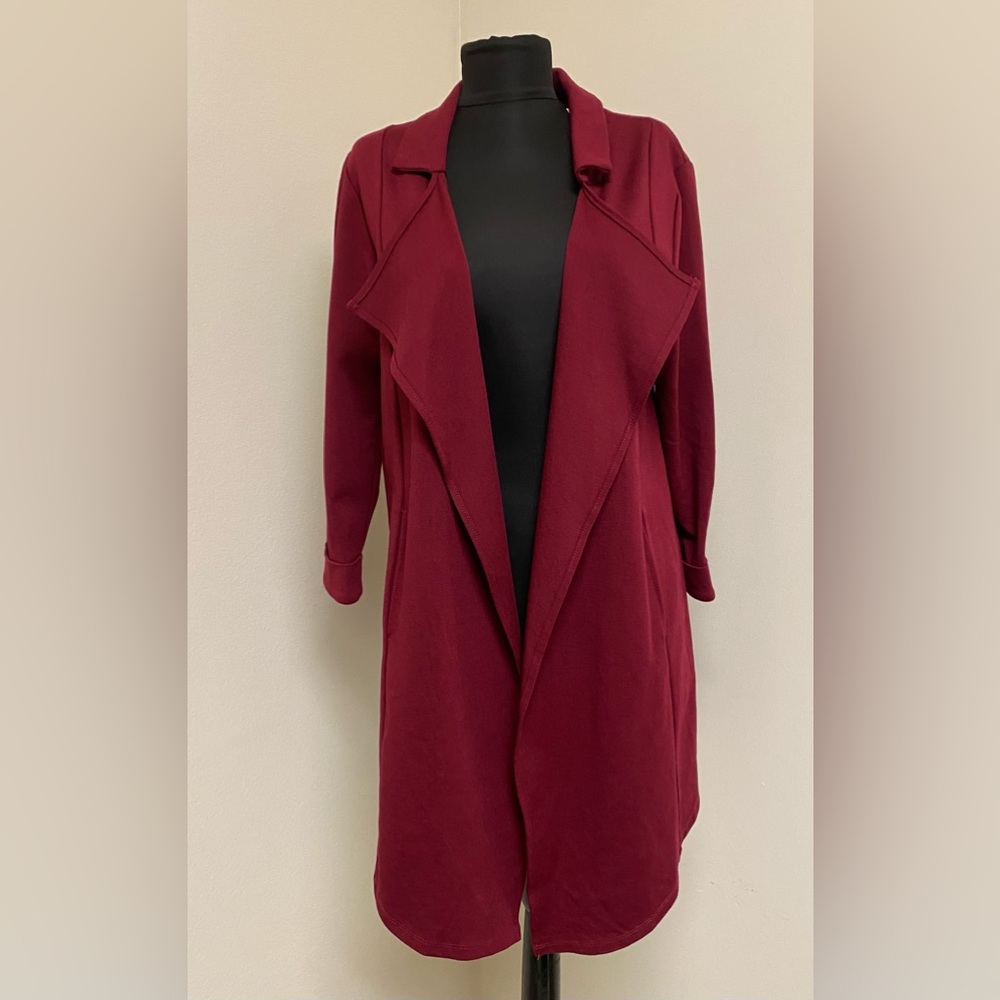 NWT Bobeau Red Ponte Knit Long Blazer Jacket Trench Details Size Small